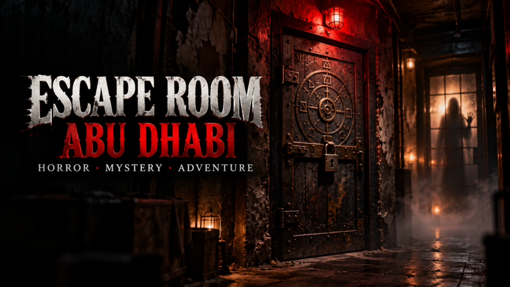 Escape room Abu Dhabi at night with a horror escape room door at Fear Factory